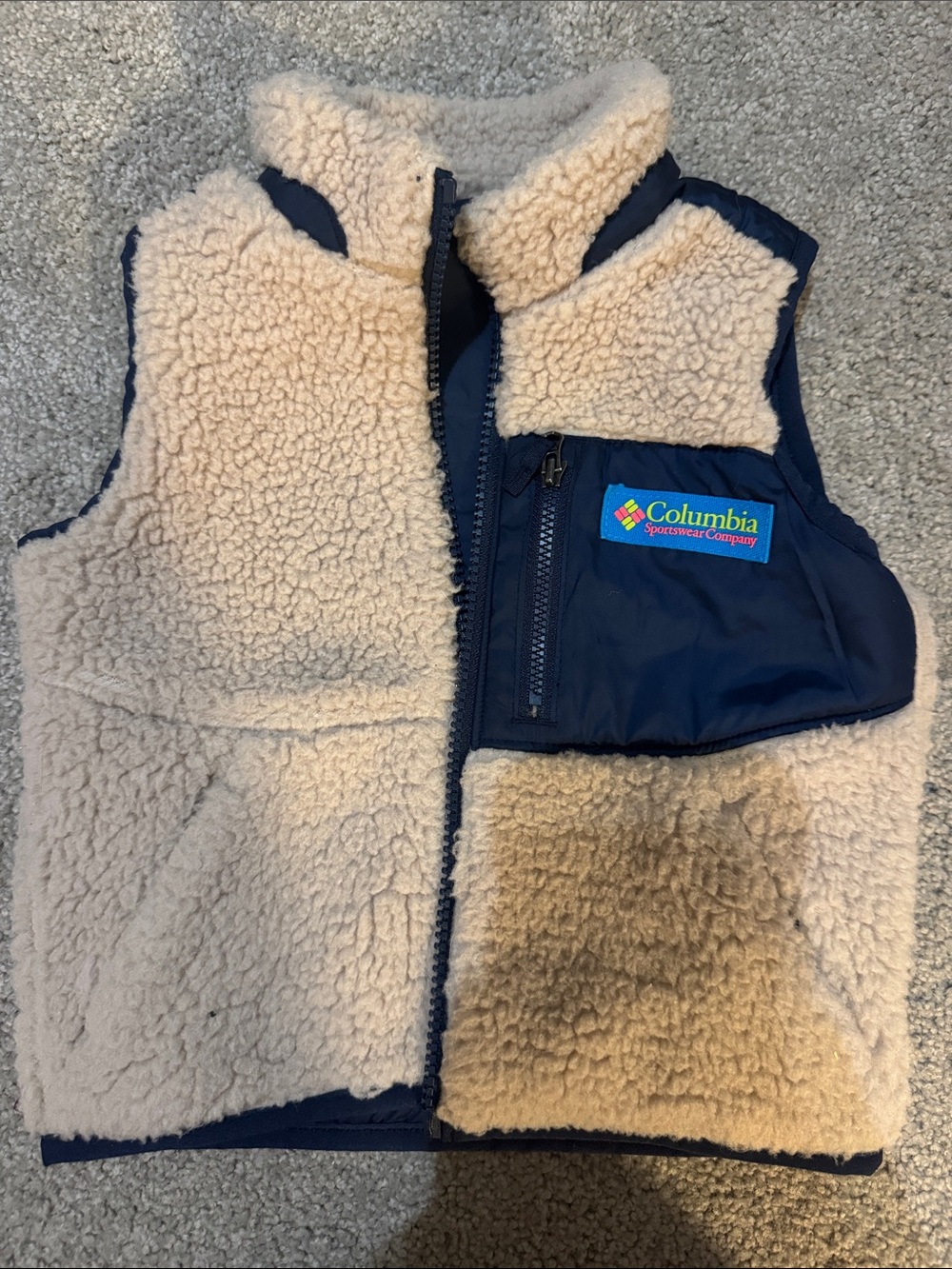 Reversible Columbia Cream Sherpa Vest with Navy Chest Panel
